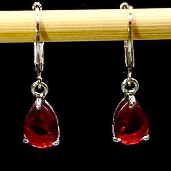 Dangle Earrings 1” (AWK) Red Zircon Gems - Picture 1 of 9